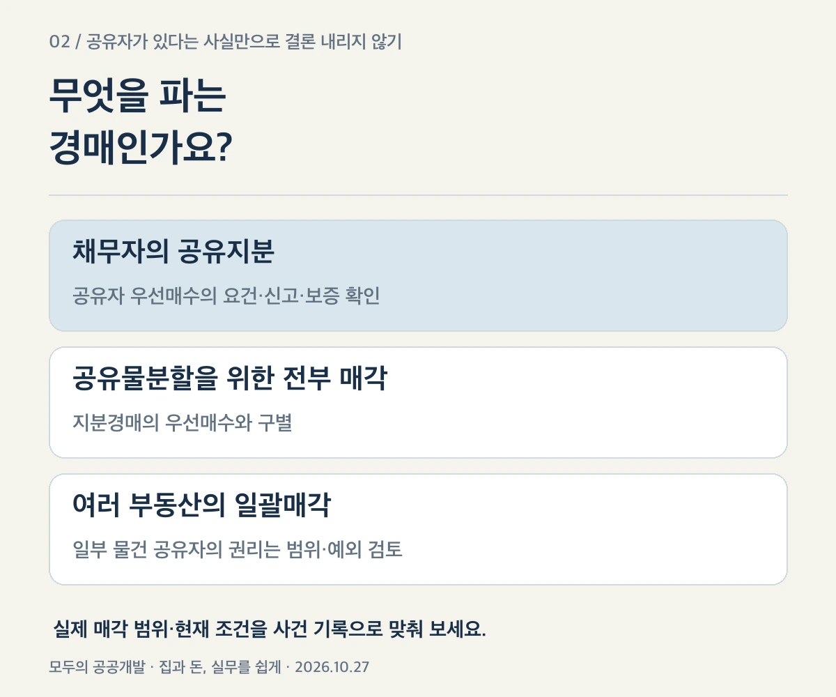 채무자 공유지분·공유물분할·일괄매각의 확인 순서를 구분한 설명도