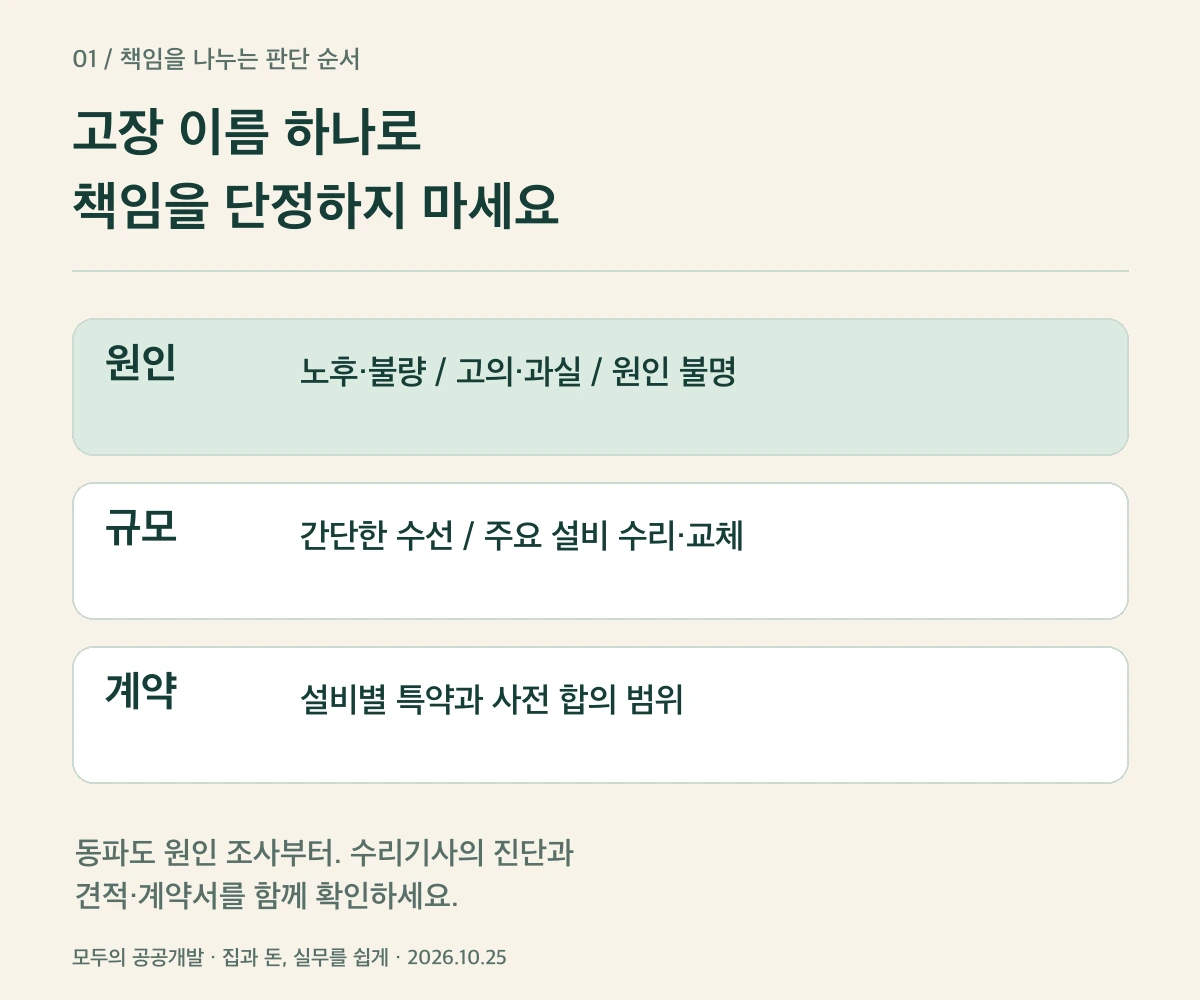 고장 원인, 수리 규모, 계약 범위를 함께 보는 판단 설명도