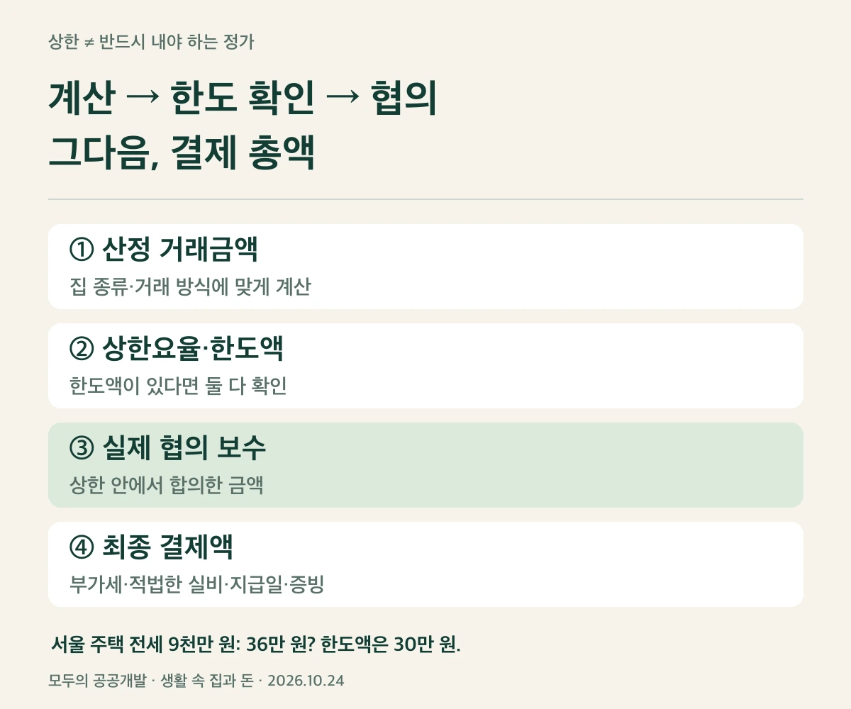 직접 만든 설명도 · 보수 상한과 실제 합의 금액을 나누어 확인하세요.