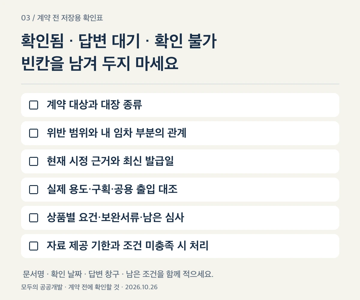 문서·현장·상품·일정을 나눠 적는 계약 전 확인표