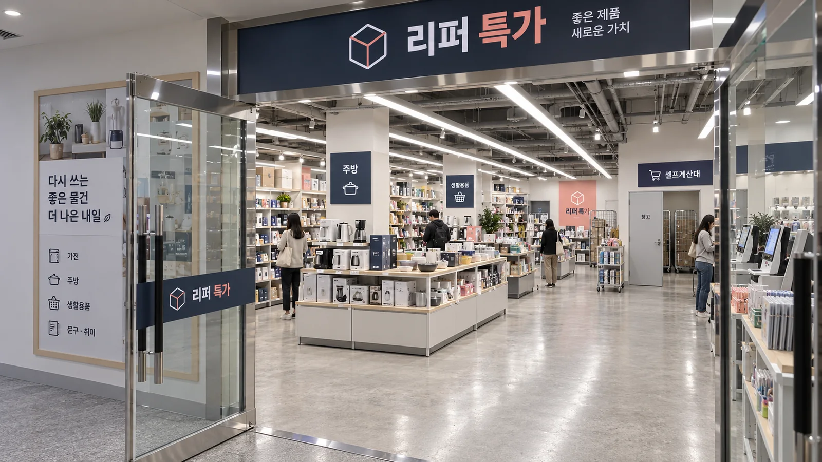 지하 1층 반품·리퍼 할인몰 콘셉트 렌더링(AI 생성) — 높은 천장과 밝은 조명 아래 품목별 사인으로 나뉜 긴 매대, 셀프계산대, 뒤편 창고 문. 확정 설계가 아닙니다.