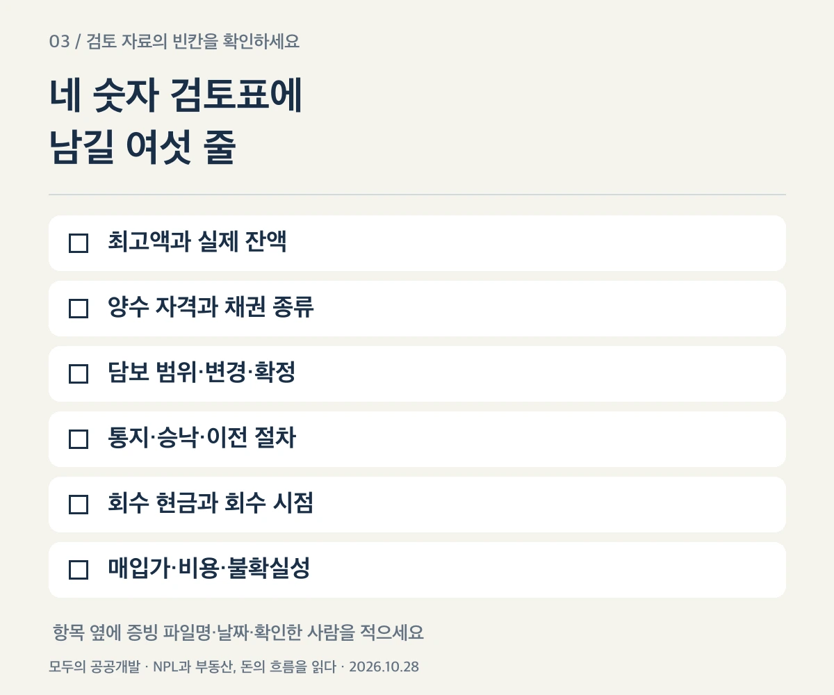 NPL 네 숫자 검토표에 남길 자료와 질문 여섯 항목