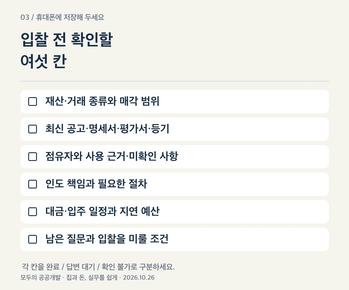 공매 입찰 전 점유와 인도 조건을 확인하는 여섯 칸 점검표
